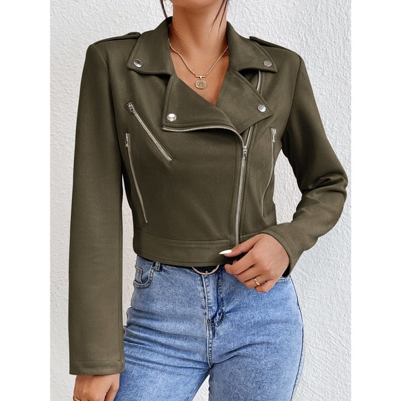 Lapel collar Zip Up vegan Moto Jacket beige cream - Picture 6 of 11